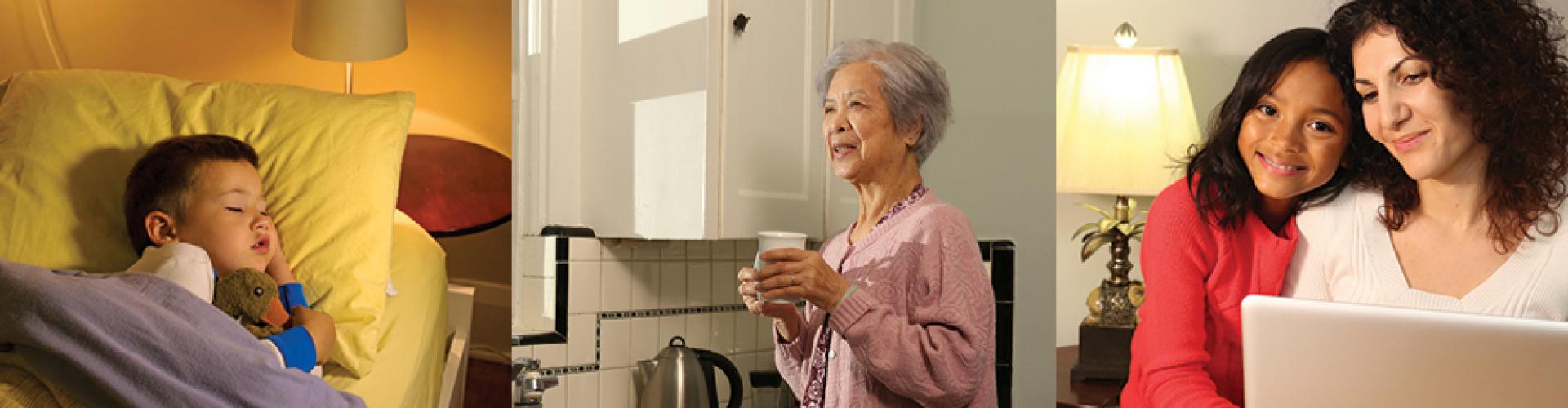3 images: a boy sleeping in bed, an elderly woman sipping tea, and a mother and daughter smiling